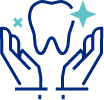 Two hands holding a sparkling tooth icon