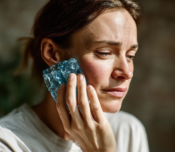 Woman holding an ice pack against her jaw